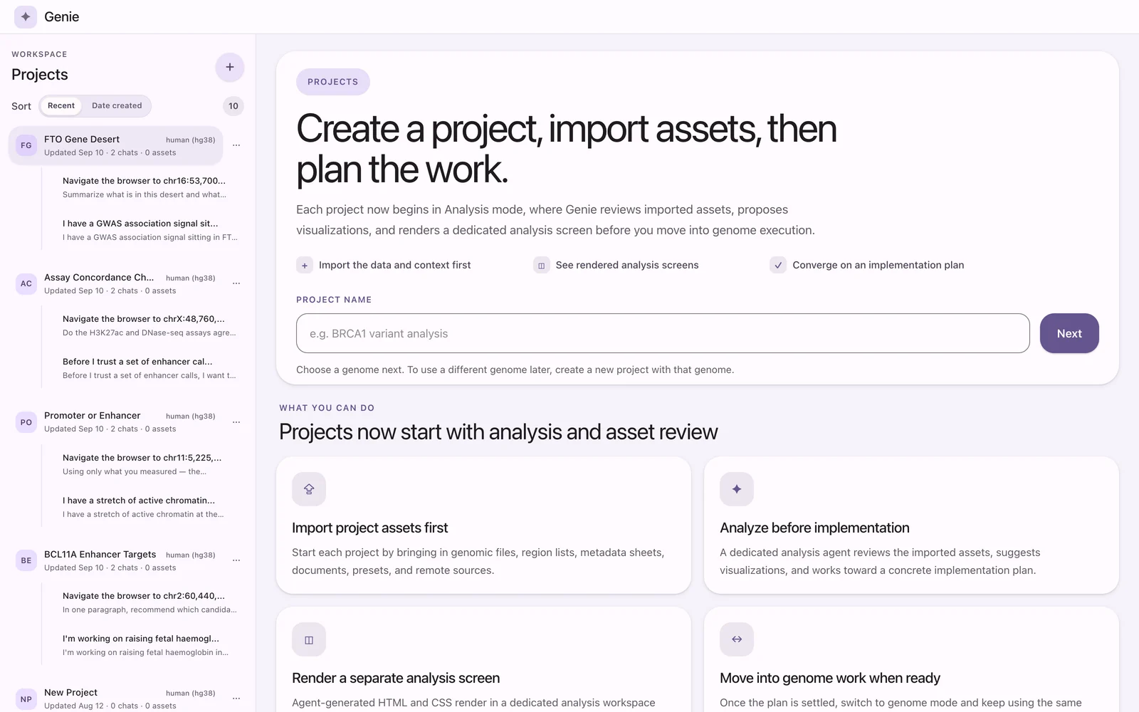 Genie home page listing projects in the left sidebar