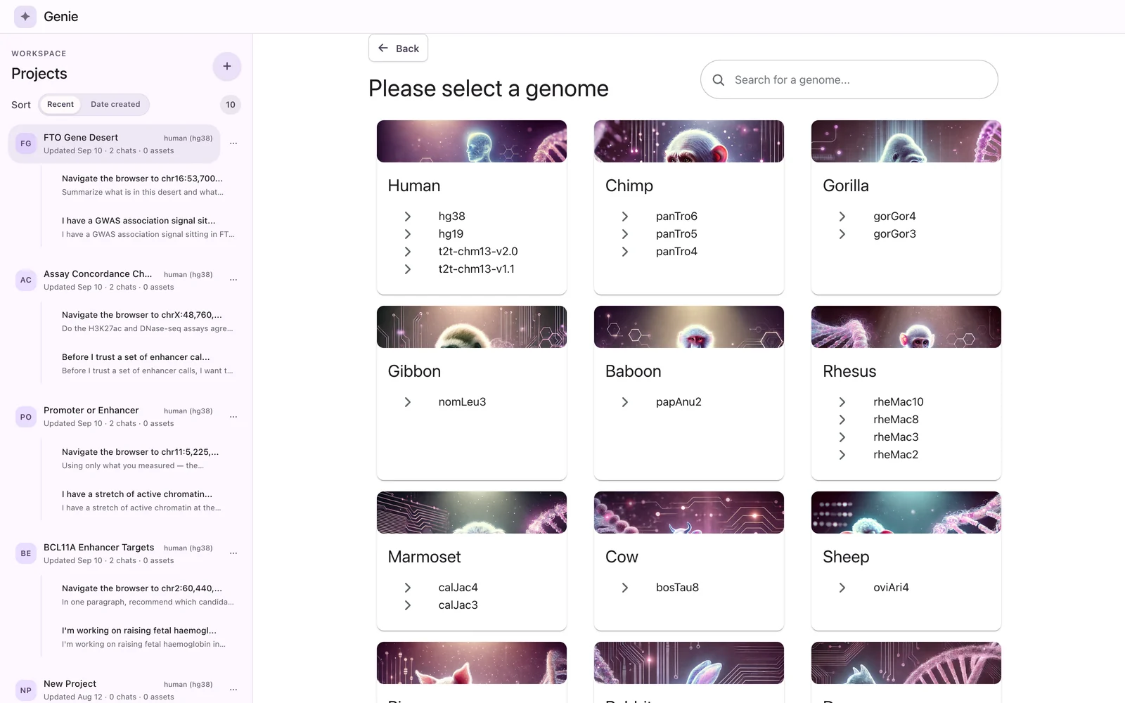 New project form with the genome picker open