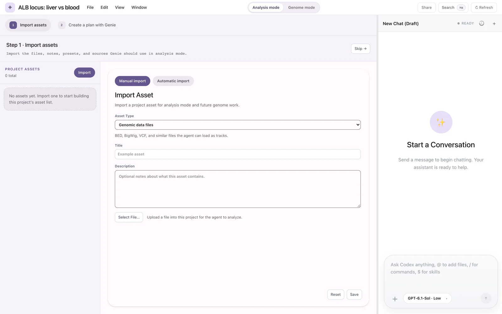 Analysis-mode workspace at step 1, Import assets, with the Manual import form open and an empty chat on the right