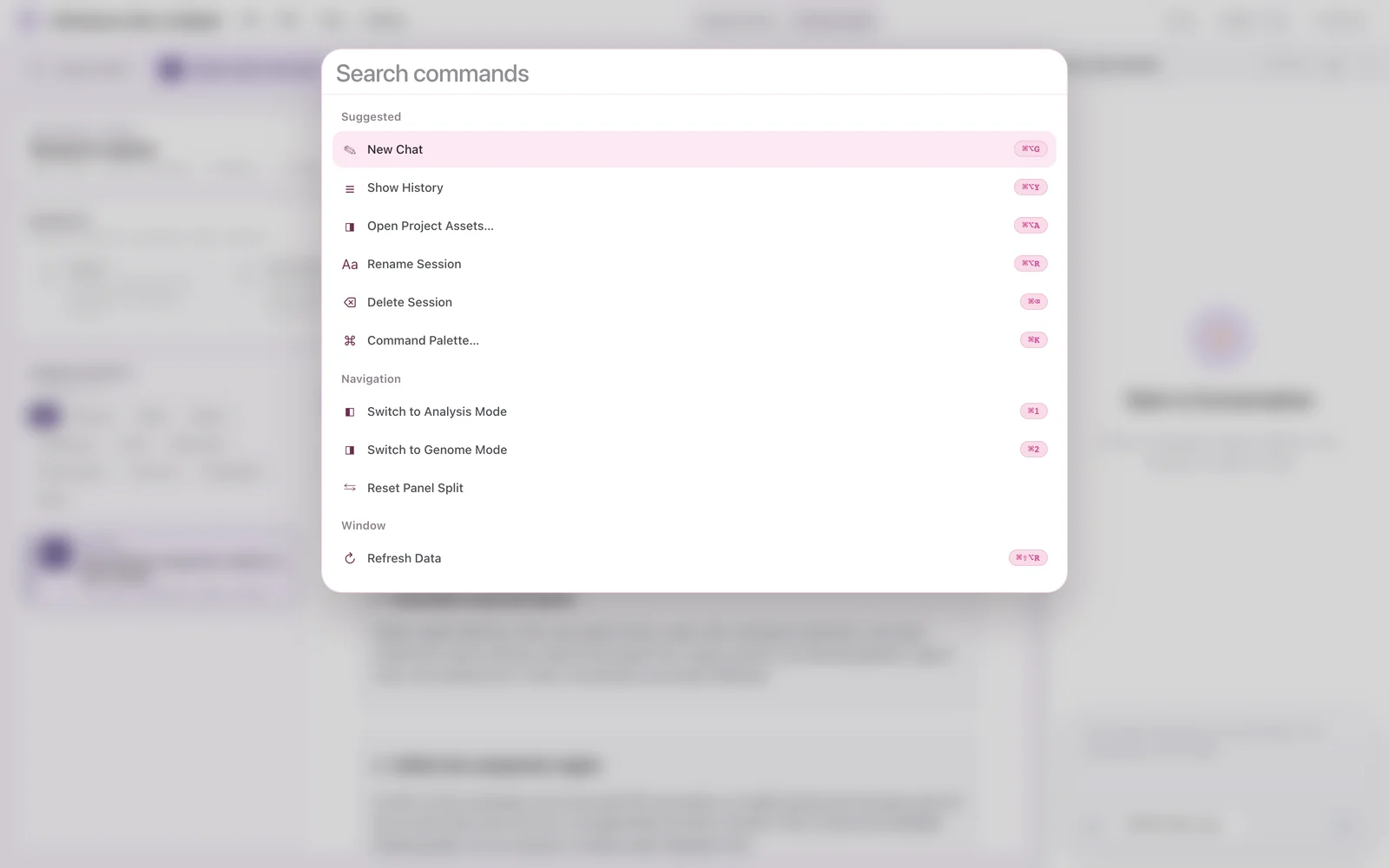 Command palette listing Suggested, Navigation and Window commands