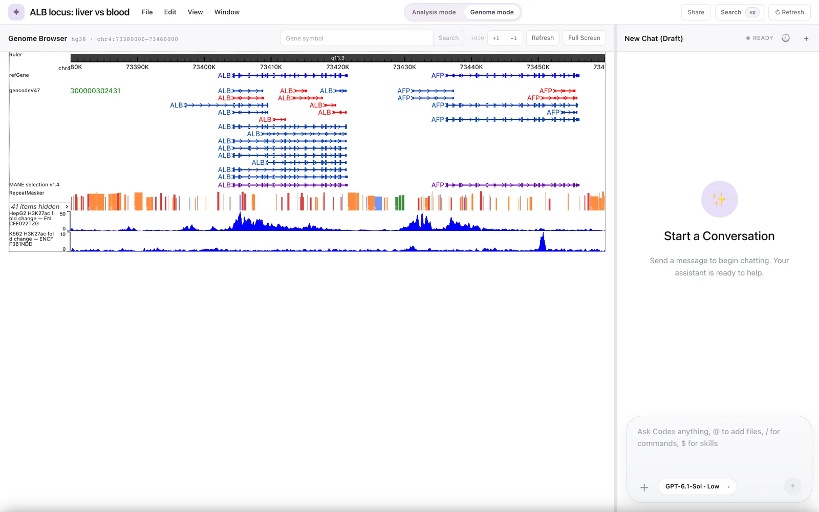 Genie workspace with the genome browser on the left and the chat panel on the right