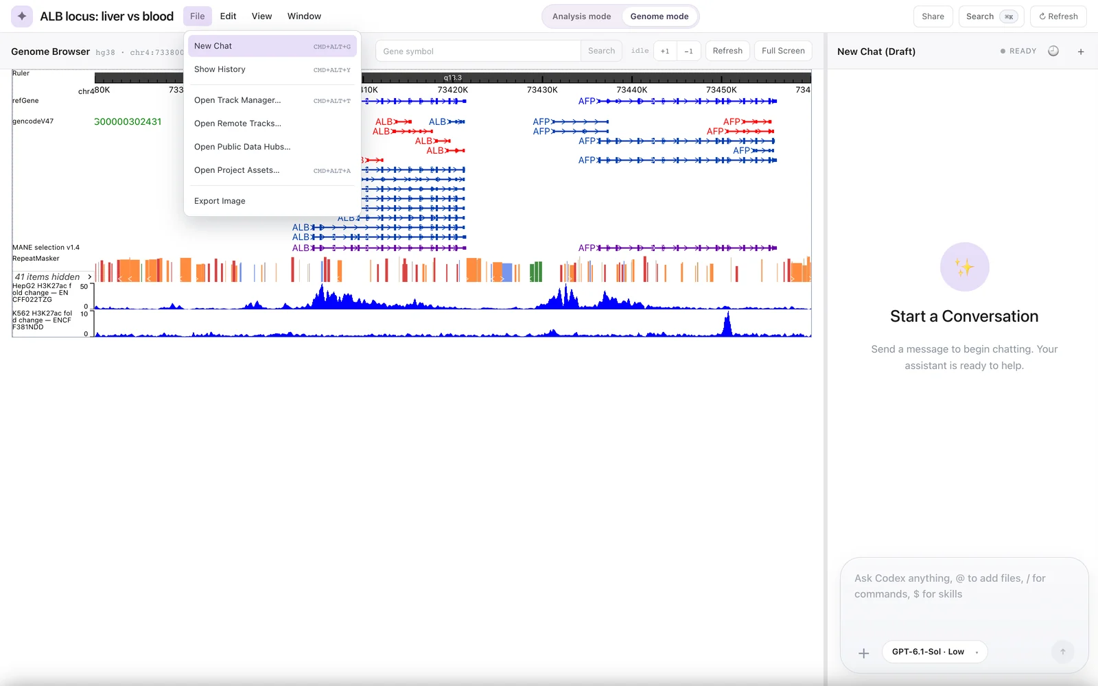 File menu open in Genome mode