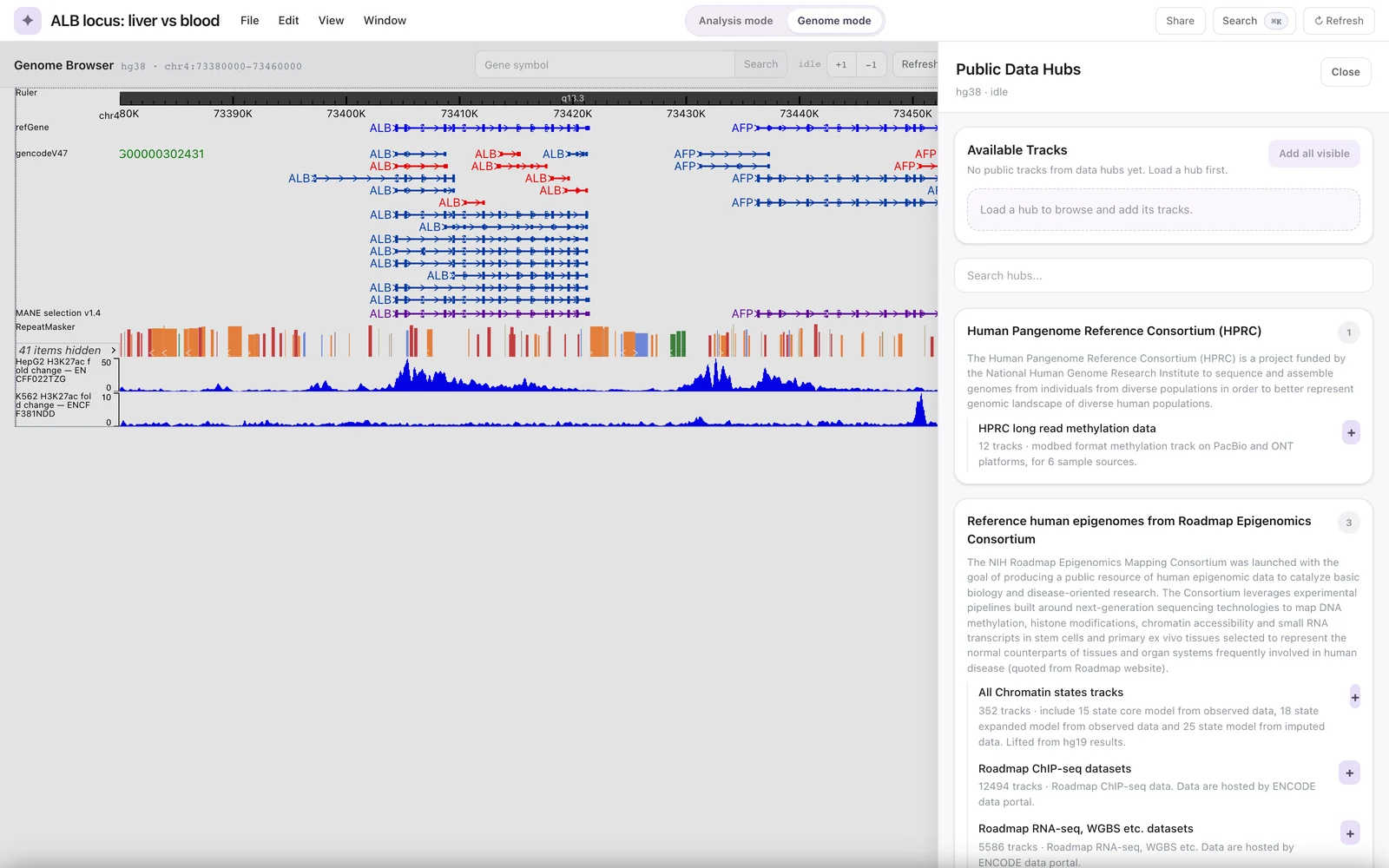Public Data Hubs sheet with Available Tracks at the top and hub collections listed below