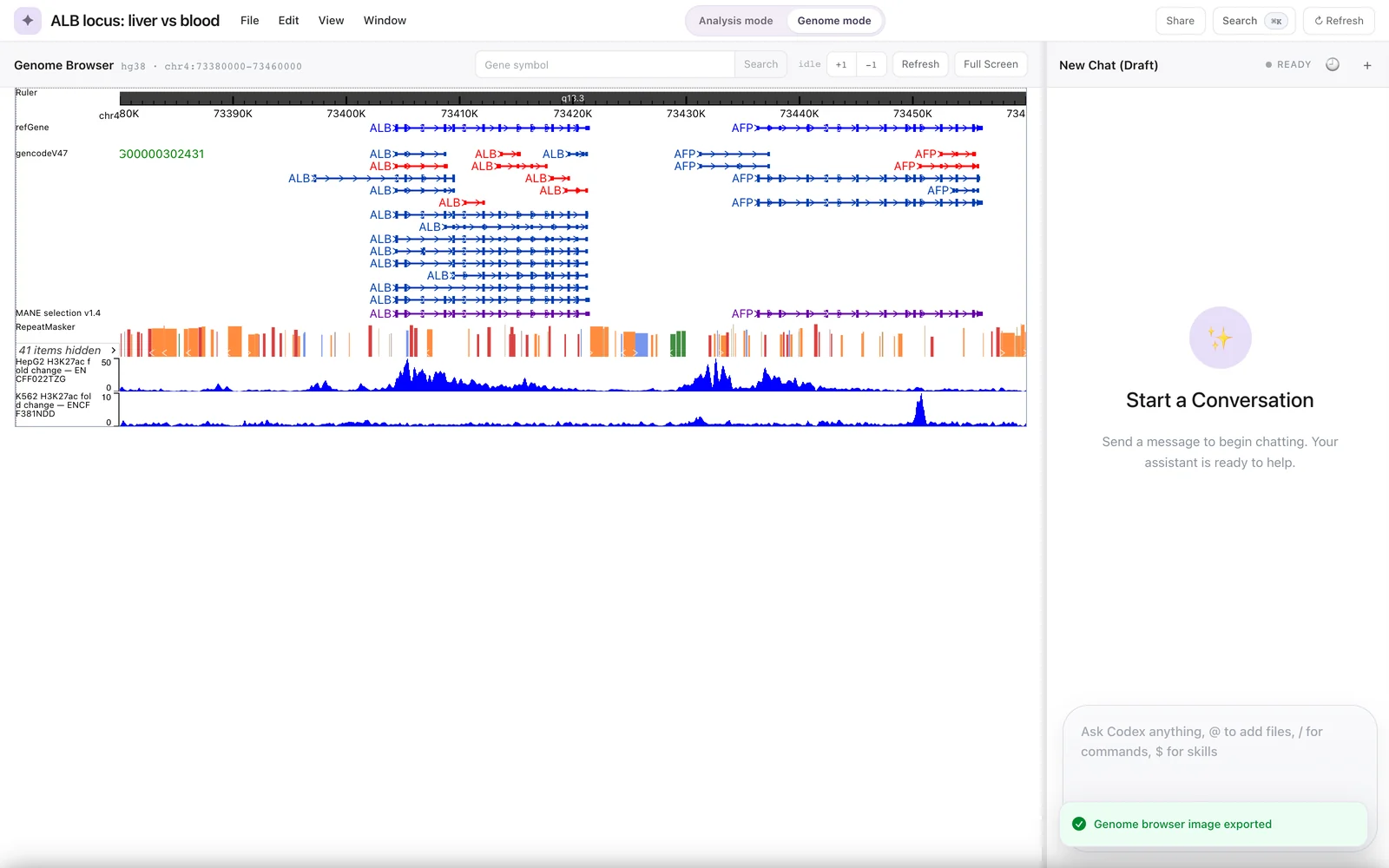 Genome mode workspace with a "Genome browser image exported" toast in the lower right