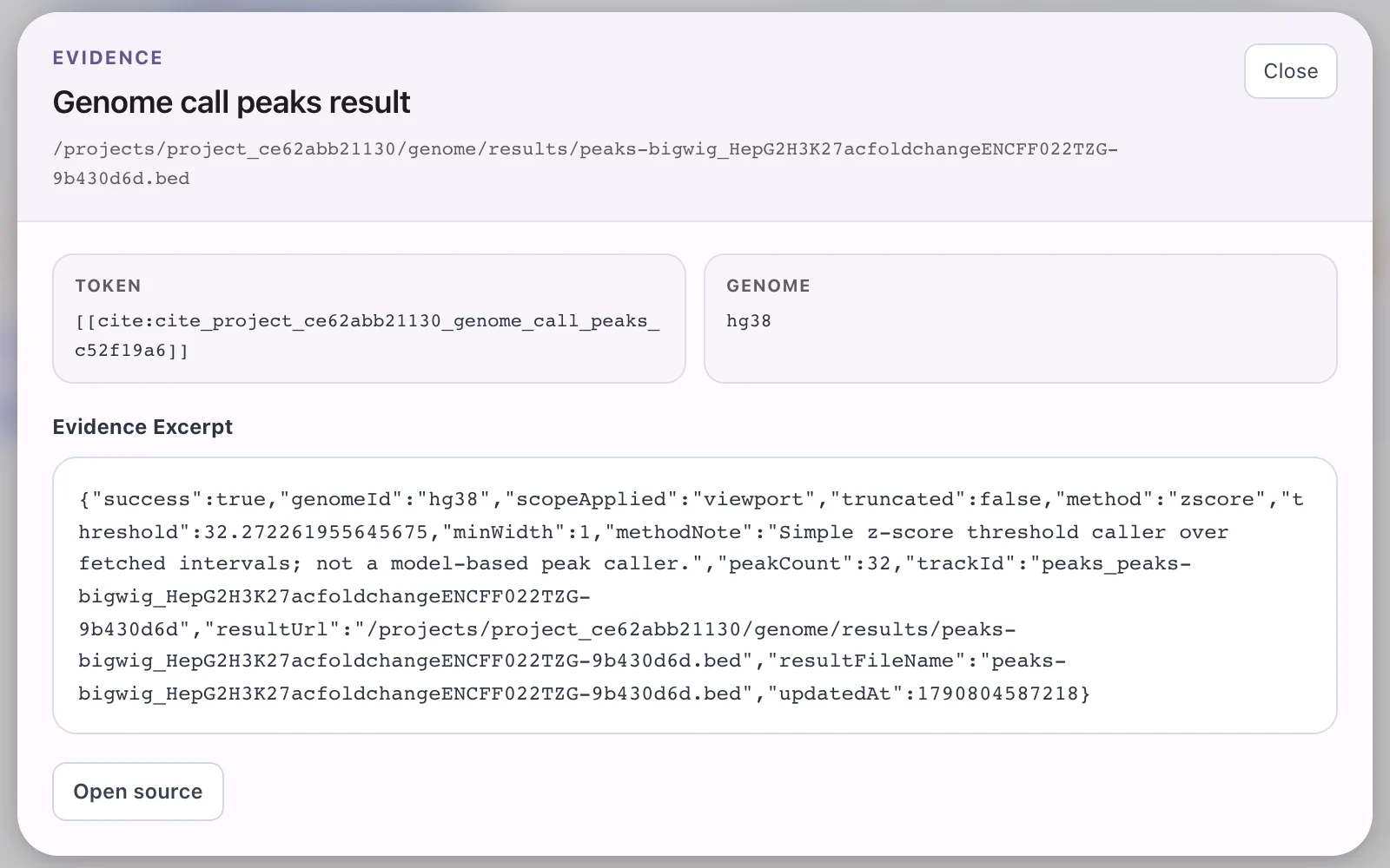 Evidence panel for a genome_call_peaks citation, showing the token, the genome hg38 and the result JSON with method zscore, threshold 32.27, minWidth 1, the method note and peakCount 32