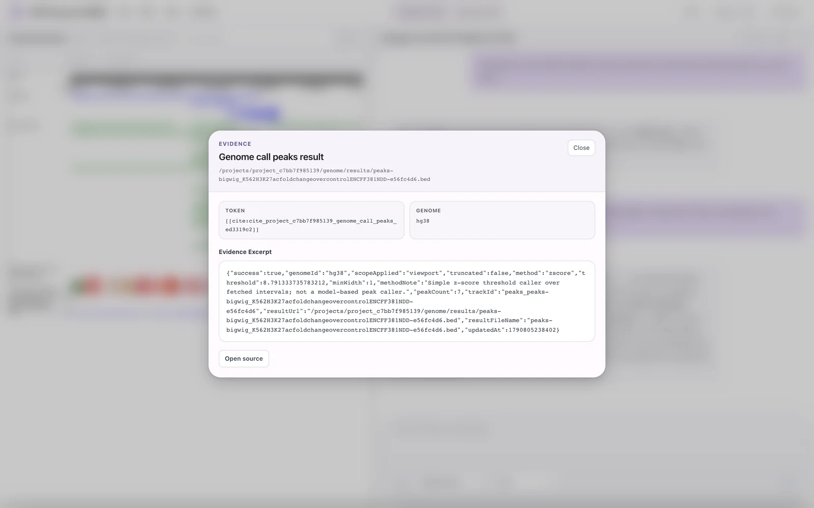 Evidence panel for chip 4: title "Genome call peaks result", the result BED path, the token, the genome hg38 and the result JSON