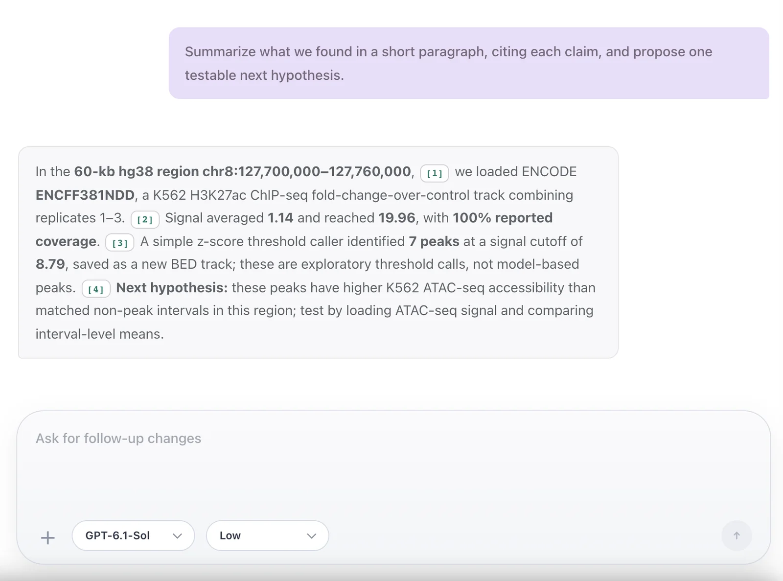 A Genie chat answer about H3K27ac signal at the MYC locus, with numbered citation chips after each claim